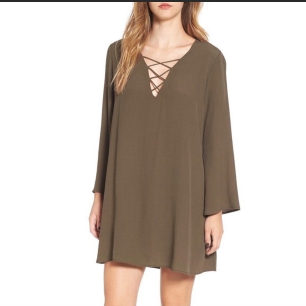 Astr Olive Green Loose Tunic Long Sleeve Dress Medium